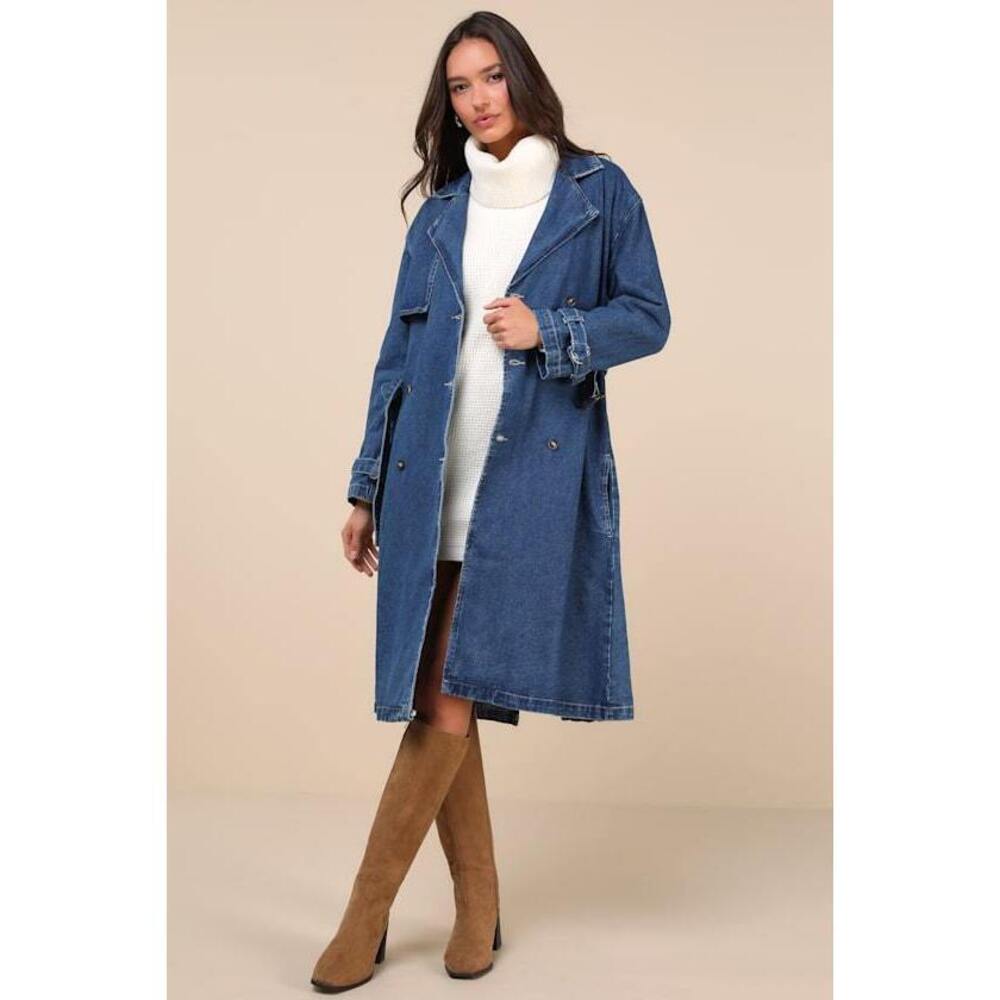 Lulus Trendsetting Weather Medium Wash Denim Trench Coat Blue - Size S